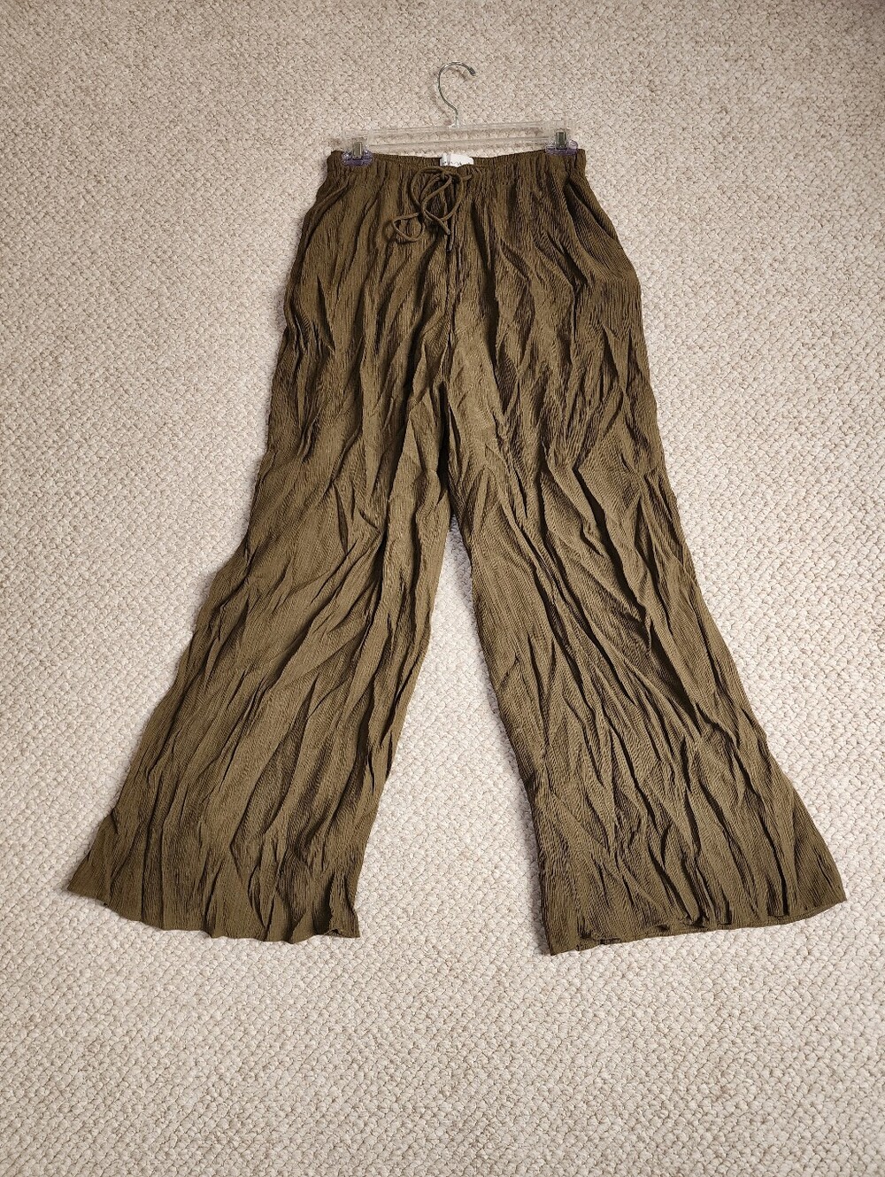 Women's Abercrombie & Fitch Olive Wide-Leg Crinkled Drawstring Pants Sz S